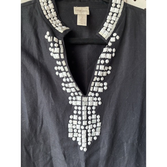 Chicos Women's 2 / LG Black Tunic Linen Cotton Beaded V Neck Shirt Blouse 3/4slv - Picture 5 of 8